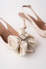 Muggo SISSY Satin Bow Buckle Pointed Toe Open Back Women's High Heels