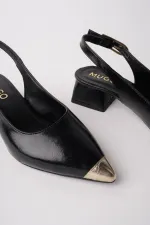 Muggo CHANCE Gold Pointed Toe Open Back Women's Low Heel Shoes with Toe Detail