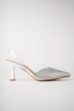 Muggo JULİET Garantili Kadın Sivri Burun Parlak Taşlı Arkası Açık Şeffaf Bantlı Topuklu Ayakkabı