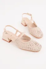 Muggo MESH Kadın Örgü ve File Detaylı Bantlı Arkası Açık Kısa Topuklu Ayakkabı