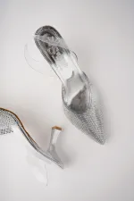 Muggo JULİET Garantili Kadın Sivri Burun Parlak Taşlı Arkası Açık Şeffaf Bantlı Topuklu Ayakkabı