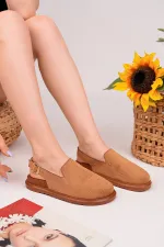 Muggo LİLOW Süet Deri Gold Zımbalı Ayarlanabilir Tokalı Günlük Rahat Önü Kapalı Kadın Sandalet