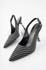 Escarpins classiques à talons hauts Muggo AMRITA pour femmes, bout pointu, ornés et talon ouvert.