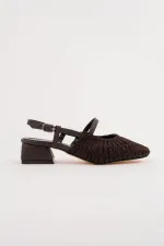 Muggo MESH Kadın Örgü ve File Detaylı Bantlı Arkası Açık Kısa Topuklu Ayakkabı