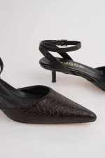 Muggo KICK Women's Crocodile Pattern Pointed Toe Thin Heel Ankle Strap Shoes