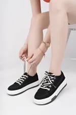 Muggo CARİNA Kalın Taban Keten Kumaş Bağcıklı Kadın Günlük Sneaker Spor Ayakkabı