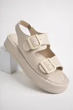 Muggo JASMINE Guaranteed Platform Heel Double Strap Buckle Detail Elastic Women's Sandals