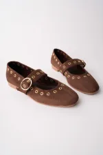 Muggo ZENA Gold Tokalı Zımbalı Deri Kadın Babet Ayakkabı