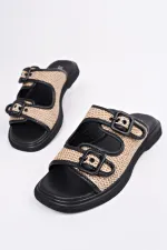 Muggo SARLE Çift Bantlı Ayarlanabilir Kemerli Kadın Günlük Hasır Terlik