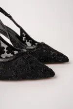 Muggo ARIS Lace Detail Pointed Toe Open Back Thin Heel Women's Dress Shoes