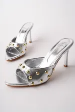 Muggo HELENA Women's Studded Pointed Toe Metal Detailed Stiletto Heeled Slippers