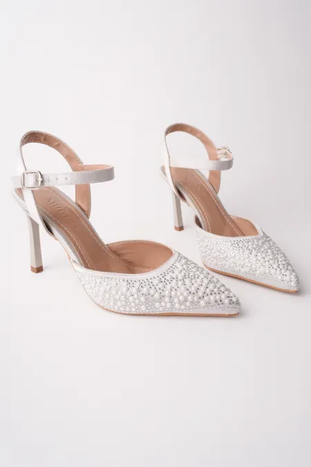Muggo CLUJ Pearl Embellished Pointed Toe Ankle Strap Women's Dress High Heels