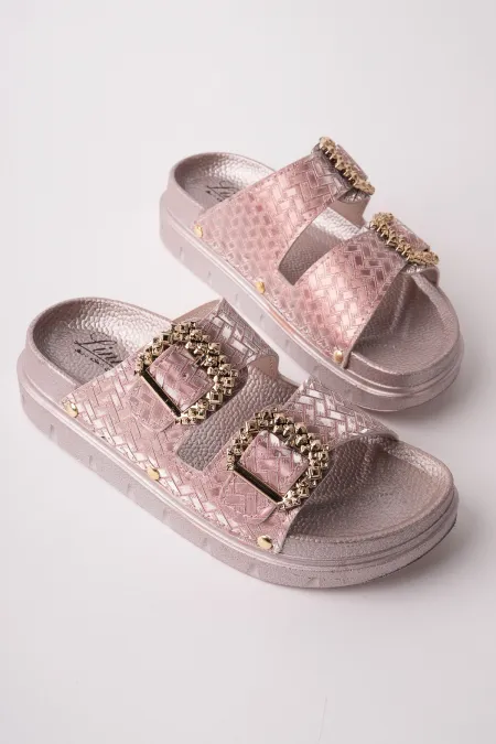 Muggo GLITZA Shiny Textured Double Buckle Casual Women's Slippers