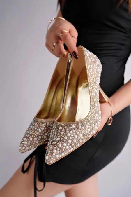 Chaussures de soirée et de mariage Muggo STONY à talons hauts ornées de pierres et de perles