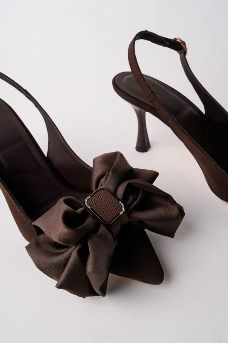Muggo SISSY Satin Bow Buckle Pointed Toe Open Back Women's High Heels