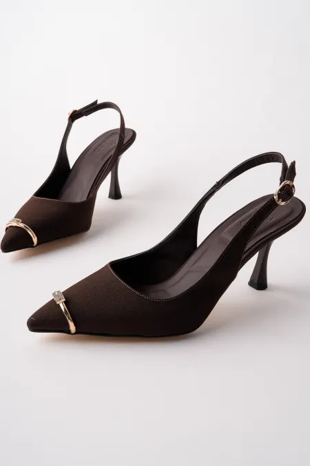 Muggo OURELİA Gold Ring Detail Pointed Toe Open Back Women's High Heel Shoes