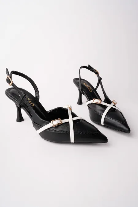 Muggo ICONS Pointed Toe Open Back Belt Detail Two Strap Women's High Heel Shoes