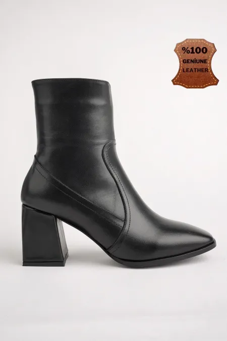 Muggo ADELA Garantili Hakiki Deri Kare Burun Fermuarlı Topuklu Kadın Bot