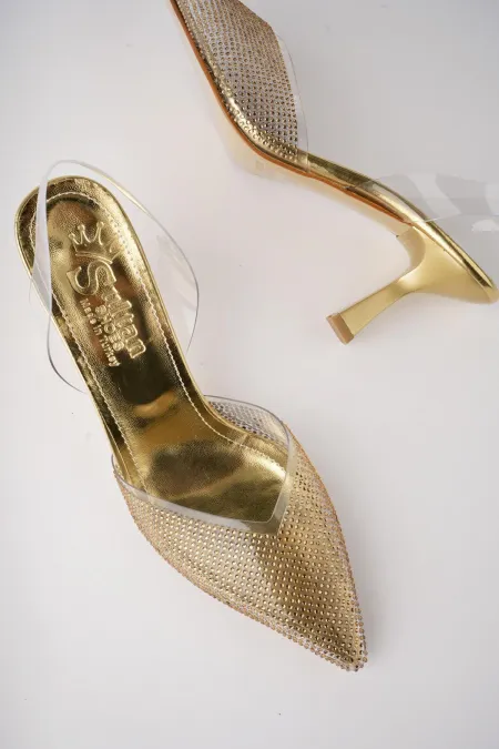 Muggo JULIET Guaranteed Women's Pointed Toe Sparkling Stone Embellished Open Back Transparent Strap High Heel Shoes