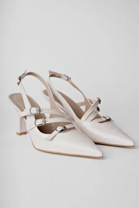 Muggo KIDMAN Guaranteed Open Back Belt Detail Three-Strap Patent Leather Women's High Heel Shoes