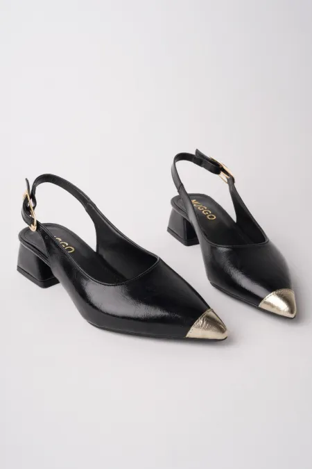 Muggo CHANCE Gold Pointed Toe Open Back Women's Low Heel Shoes with Toe Detail