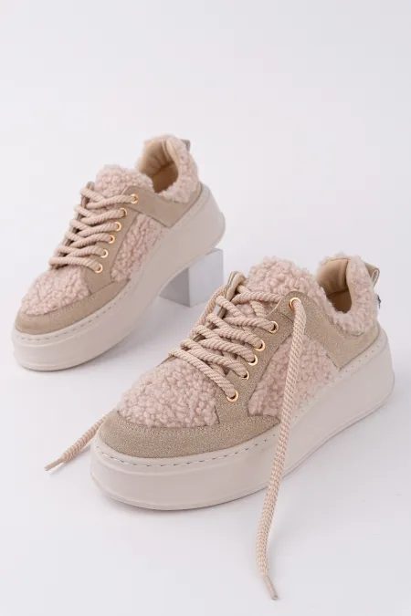 Muggo FLEECY Kalın Taban Bağcıklı Peluş Detaylı Kadın Kışlık Sneaker Spor Ayakkabı