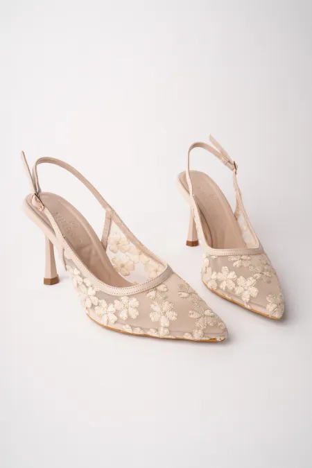 Muggo ARIS Lace Detail Pointed Toe Open Back Thin Heel Women's Dress Shoes