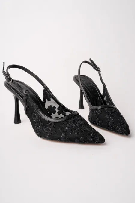 Muggo ARIS Lace Detail Pointed Toe Open Back Thin Heel Women's Dress Shoes