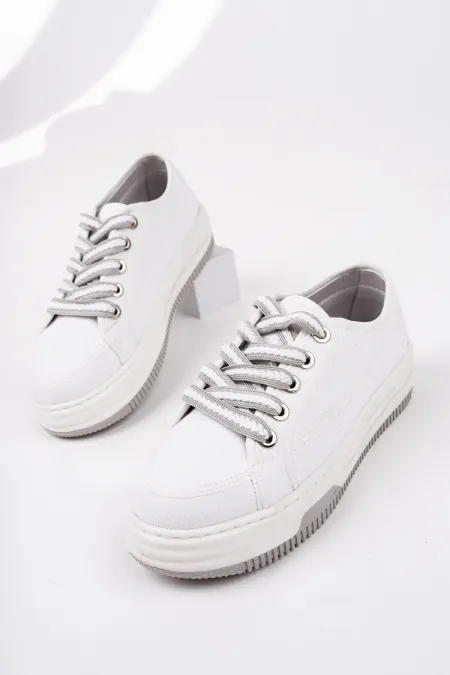 Muggo CARİNA Kalın Taban Keten Kumaş Bağcıklı Kadın Günlük Sneaker Spor Ayakkabı