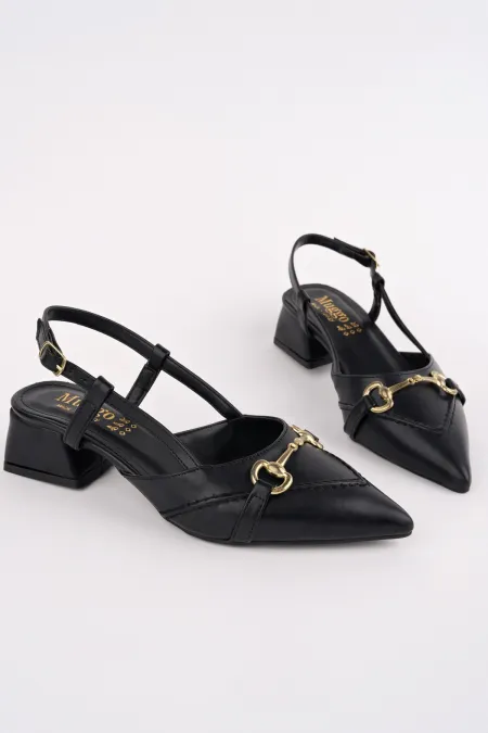 Muggo ELVIA Pointed Toe Open Back Women's Low Heel Shoes with Metal Accessories