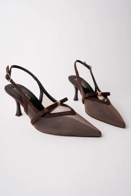 Muggo LOVER Women's Pointed Toe Open Back High Heel Shoes with Mesh Bow Detail