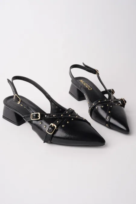 Muggo JOLY Pointed Toe Open Back Women's Low Heel Shoes with Metal Accessories