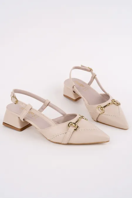 Muggo ELVIA Pointed Toe Open Back Women's Low Heel Shoes with Metal Accessories