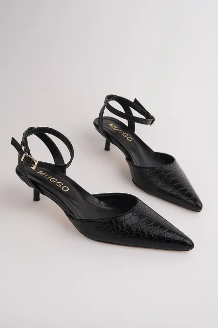 Chaussures Muggo KICK pour femmes, à bout pointu, talon fin et bride cheville, motif crocodile