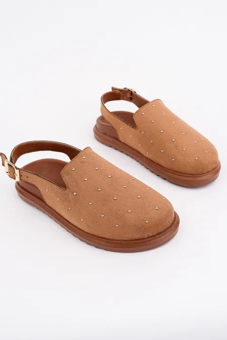 Muggo LİLOW Süet Deri Gold Zımbalı Ayarlanabilir Tokalı Günlük Rahat Önü Kapalı Kadın Sandalet