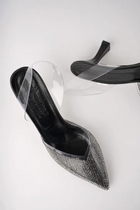 Muggo JULIET Guaranteed Women's Pointed Toe Sparkling Stone Embellished Open Back Transparent Strap High Heel Shoes