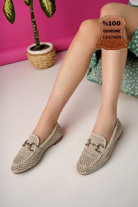Muggo PHUKET Guaranteed Metal Buckle Laser-Cut Breathable Leather Women's Loafer Casual Shoes