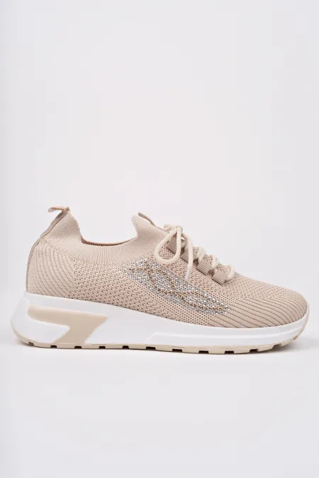 Muggo MARTHA Women's Thick Sole Casual Knitted Rhinestone Lace-Up Sneaker Sports Shoes