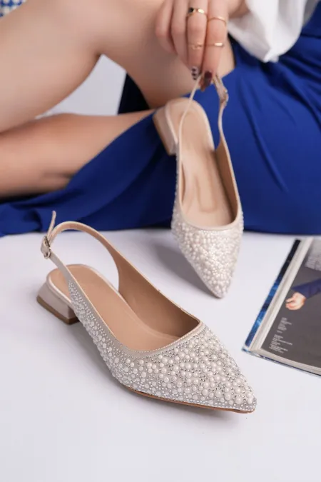 Muggo SYROS Pearl Embellished Pointed Toe Open Back Women's High Heels