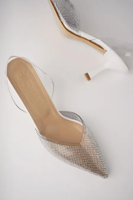 Muggo JULIET Guaranteed Women's Pointed Toe Sparkling Stone Embellished Open Back Transparent Strap High Heel Shoes