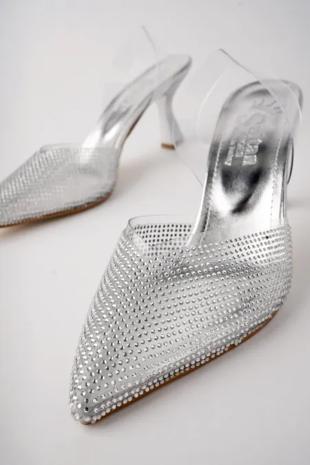 Muggo JULIET Guaranteed Women's Pointed Toe Sparkling Stone Embellished Open Back Transparent Strap High Heel Shoes