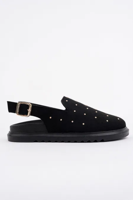 Muggo LİLOW Süet Deri Gold Zımbalı Ayarlanabilir Tokalı Günlük Rahat Önü Kapalı Kadın Sandalet