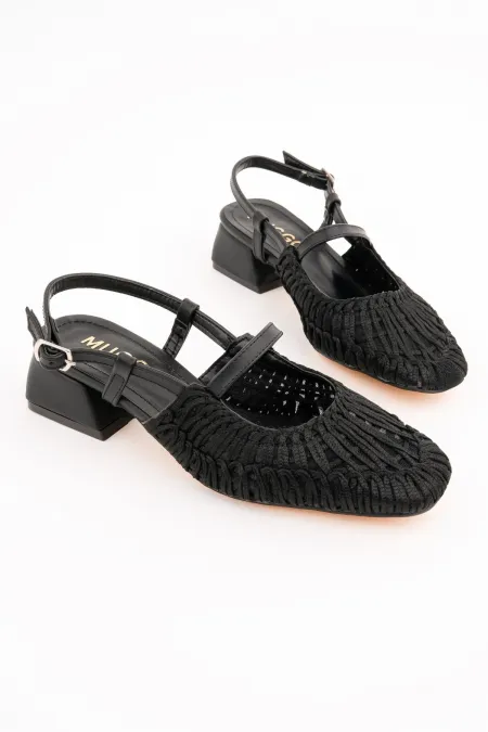 Muggo MESH Kadın Örgü ve File Detaylı Bantlı Arkası Açık Kısa Topuklu Ayakkabı