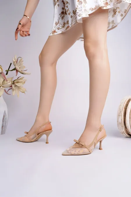 Muggo LOVER Women's Pointed Toe Open Back High Heel Shoes with Mesh Bow Detail