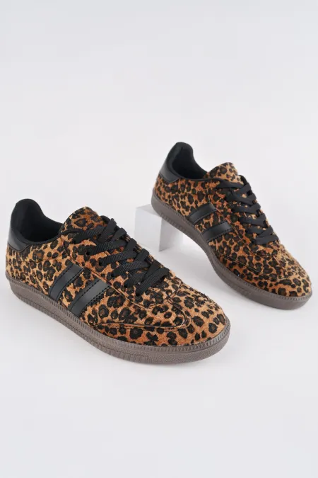 Muggo LEOPARD Garantili Kadın Ortopedik Günlük Bağcıklı Yürüyüş Leopar Desenli Sneaker Spor Ayakkabı