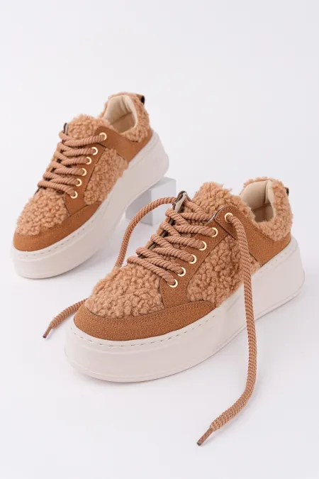 Muggo FLEECY Kalın Taban Bağcıklı Peluş Detaylı Kadın Kışlık Sneaker Spor Ayakkabı