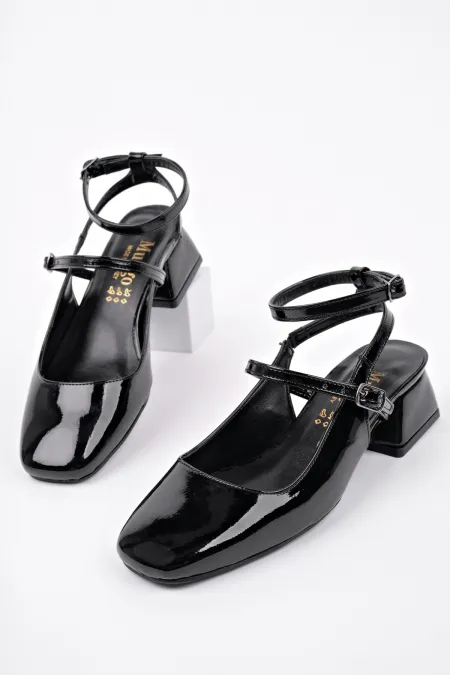 Muggo CHOPRA Kare Burun Çift Kemerli Bilekten Bağlamalı Arkası Açık Kısa Topuklu Ayakkabı