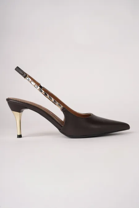 Muggo VIVARA Chain Detail Pointed Toe Open Back Women's High Heel Shoes