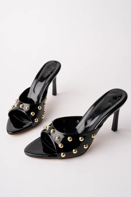 Muggo HELENA Kadın Zımbalı Sivri Burun Metal Detaylı Stiletto Topuklu Terlik