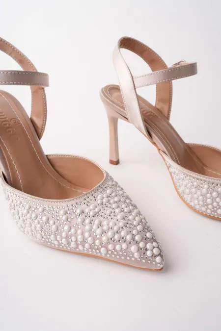 Muggo CLUJ Pearl Embellished Pointed Toe Ankle Strap Women's Dress High Heels